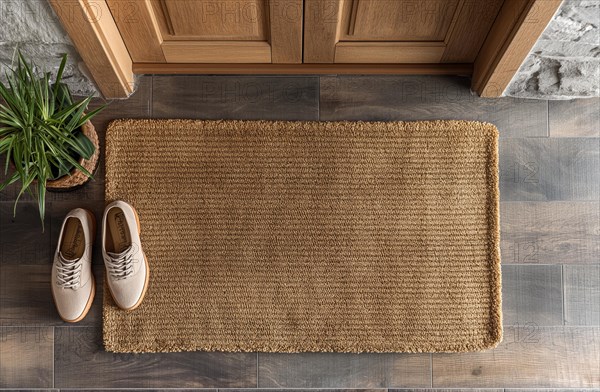 Blank welcome mat and pair of shoes at front door of house. generative AI, AI generated