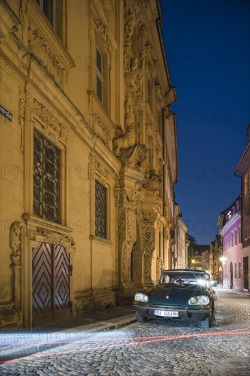 Stadtpalais Boettingerhaus and vintage Citroen DS at dusk, Bamberg, Upper Franconia, Bavaria, Germany, Europe