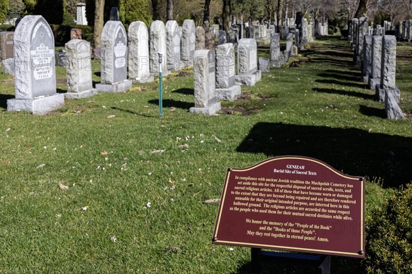 Ferndale, Michigan, Machpelah Cemetery, a Jewish cemetery in suburban Detroit. A section is reserved for the burial of worn or damaged sacred scrolls, texts, and other religious articles