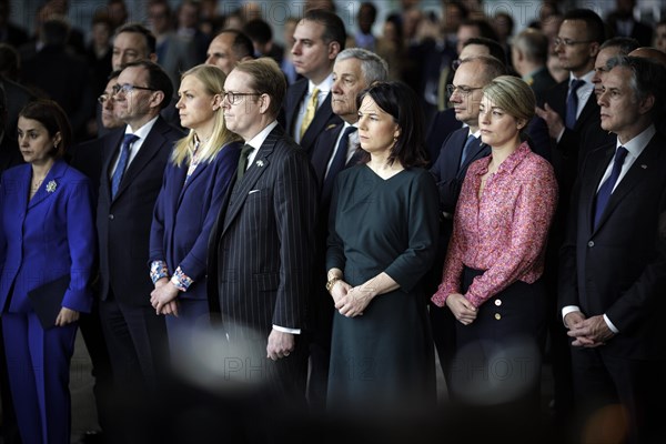 (L-R) Elina Valtonen, Foreign Minister of Finland, Tobias Billstroem, Foreign Minister of Sweden, Annalena Baerbock, Federal Foreign Minister, Melanie Joly, Foreign Minister of Canada, Antony Blinken, Secretary of State of the United States of America, Ceremony on the occasion of the 75th anniversary of the signing of the Founding Act of the North Atlantic Treaty. Brussels, 04.04.2024. Photographed on behalf of the Federal Foreign Office