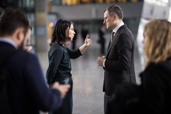 (L-R) Annalena Baerbock, Federal Foreign Minister, and Dmytro Kuleba, Foreign Minister of Ukraine, photographed on the margins of a joint meeting of the North Atlantic-Ukraine Council in the format of the Foreign Ministers of the States Parties and Ukraine. Brussels, 04.04.2024. Photographed on behalf of the Federal Foreign Office