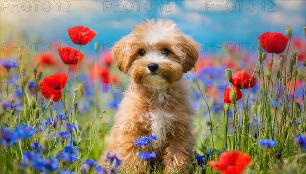 KI generated, animal, animals, mammal, mammals, Maltipoo (Canis lupus familiaris), dog, dogs, bitch, cross between poodle and Maltese, dwarf poodle, small poodle, flower meadow, puppy, cream
