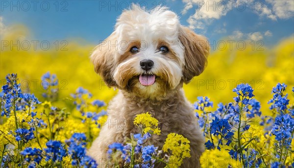 KI generated, animal, animals, mammal, mammals, Maltipoo (Canis lupus familiaris), dog, dogs, bitch, cross between poodle and Maltese, dwarf poodle, small poodle, flower meadow, puppy, cream, white