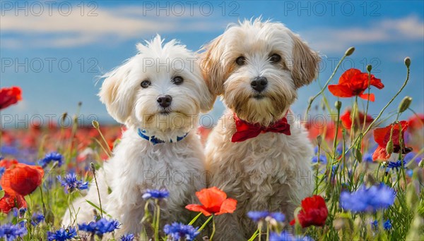 KI generated, animal, animals, mammal, mammals, Maltipoo (Canis lupus familiaris), dog, dogs, bitch, cross between poodle and Maltese, miniature poodle, small poodle, flower meadow, two, pair