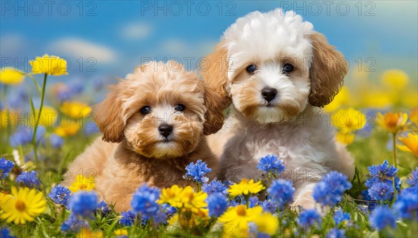 KI generated, animal, animals, mammal, mammals, Maltipoo (Canis lupus familiaris), dog, dogs, bitch, cross between poodle and Maltese, dwarf poodle, small poodle, flower meadow, two, bitch with puppy