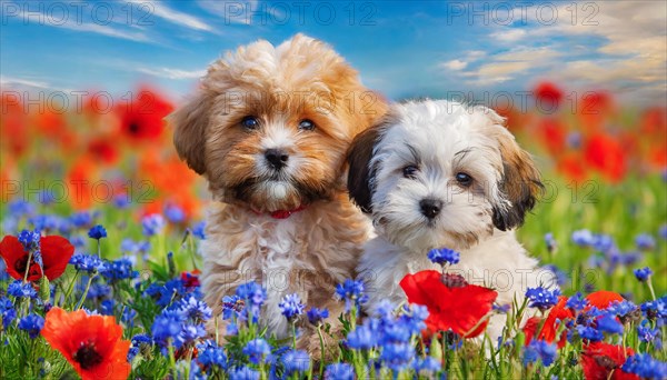 KI generated, animal, animals, mammal, mammals, Maltipoo (Canis lupus familiaris), dog, dogs, bitch, cross between poodle and Maltese, dwarf poodle, small poodle, flower meadow, two, bitch with puppy