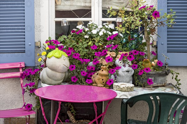 Decoration in front of a window, magenta petunias (petunia hybrids), pink garden table, ceramic figurines, old town, Ortenberg, Vogelsberg, Wetterau, Hesse, Germany, Europe