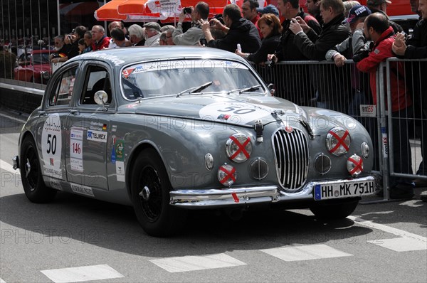 A silver vintage-style racing car in front of a crowd, SOLITUDE REVIVAL 2011, Stuttgart, Baden-Wuerttemberg, Germany, Europe