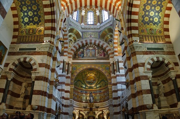 Interior view, Marseille Cathedral or Cathedrale Sainte-Marie-Majeure de Marseille, 1852-1896, Marseille, Interior vaults of a church with columns and richly decorated ornaments, Marseille, Departement Bouches-du-Rhone, Region Provence-Alpes-Cote d'Azur, France, Europe