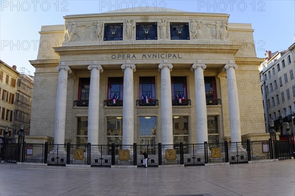 Facade of the Marseille Opera House with clear sky in the background, Marseille, Departement Bouches-du-Rhone, Provence-Alpes-Cote d'Azur region, France, Europe