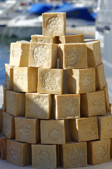 Marseille soap, Marseille, Stacked blocks of traditional Marseille soap at a market, Marseille, Departement Bouches du Rhone, Region Provence Alpes Cote d'Azur, France, Europe