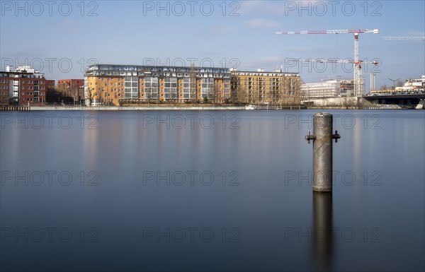 Long exposure, construction site on the Havel in Berlin-Spandau, Germany, Europe