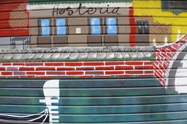 Marseille, A colourful mural at a hostel shows a ship on waves, Marseille, Departement Bouches-du-Rhone, Provence-Alpes-Cote d'Azur region, France, Europe