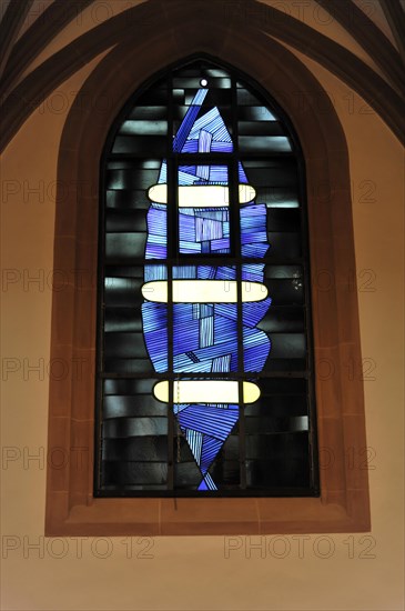 St Kilian's Cathedral, St Kilian's Cathedral, Wuerzburg, Abstract, modern church window in blue with incident light and shadow, Wuerzburg, Lower Franconia, Bavaria, Germany, Europe
