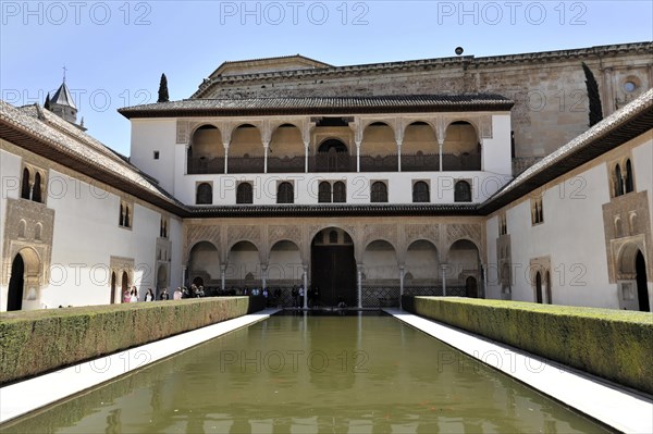 Courtyard of Myrtles, Alhambra, Granada, The Courtyard of Myrtles in the Alhambra with a long pond and historic architecture, Granada, Andalusia, Spain, Europe