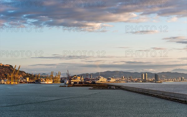 View of Cruise Ships Terminal and Barcelona at sunrise, Catalonia, Spain, Europe
