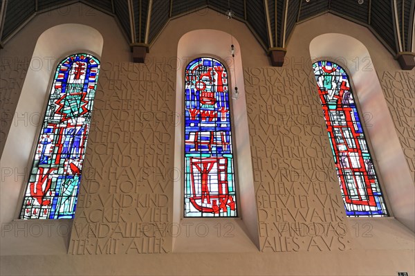 Speyer Cathedral, Colourful stained glass windows next to a wall with relief-like lettering, Speyer Cathedral, Unesco World Heritage Site, foundation stone laid around 1030, Speyer, Rhineland-Palatinate, Germany, Europe