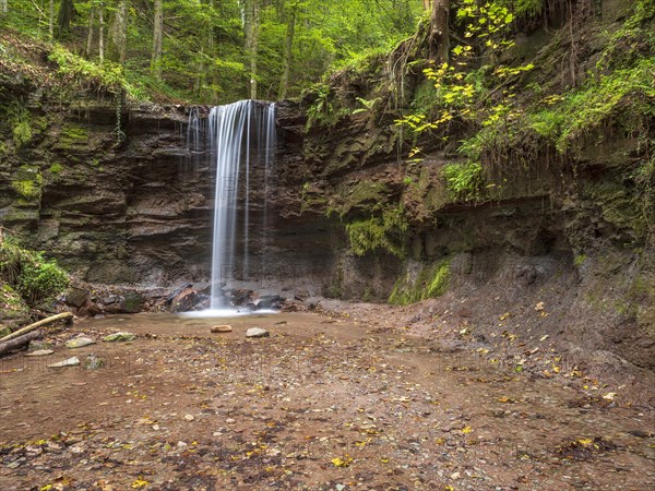 Small waterfall at Hoerschbach, Hoerschbach Valley, Swabian-Franconian Forest nature park Park, Murrhardt, Baden-Wuerttemberg, Germany, Europe