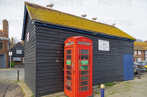 Red former telephone box, shed, seagulls, harbour, Folkestone, Kent, Great Britain