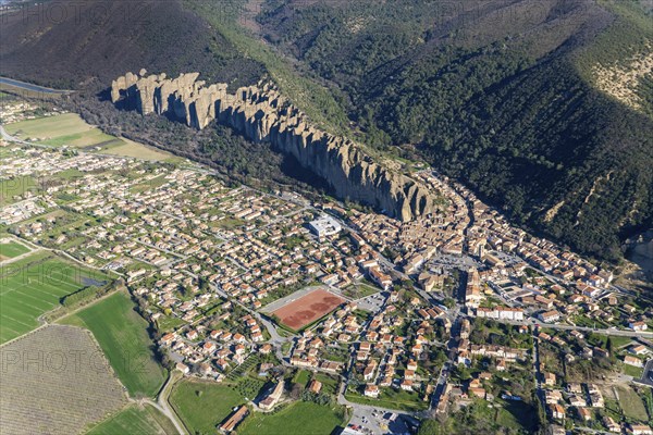 Aerial view of Les Mees, Provence-Alpes-Cote d'Azur Departement, Les Penitents, the penitents, rock formation, geology, Les Penitents near Les Mees, Maritime Alps, France, Europe