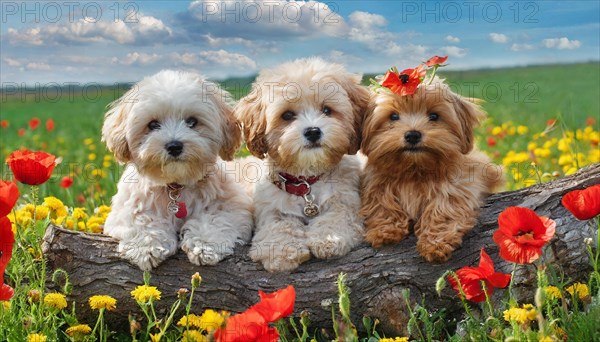 KI generated, animal, animals, mammal, mammals, Maltipoo (Canis lupus familiaris), dog, dogs, bitch, cross between poodle and Maltese, dwarf poodle, small poodle, flower meadow, tree trunk, one bitch and two puppies