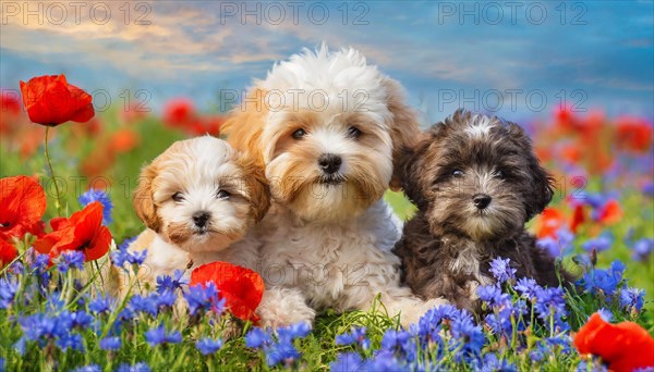 KI generated, animal, animals, mammal, mammals, Maltipoo (Canis lupus familiaris), dog, dogs, bitch, cross between poodle and Maltese, miniature poodle, small poodle, flower meadow, one bitch and two puppies