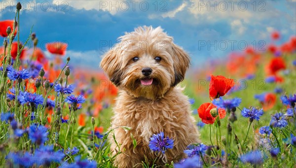 KI generated, animal, animals, mammal, mammals, Maltipoo (Canis lupus familiaris), dog, dogs, bitch, cross between poodle and Maltese, dwarf poodle, small poodle, flower meadow, puppy, cream