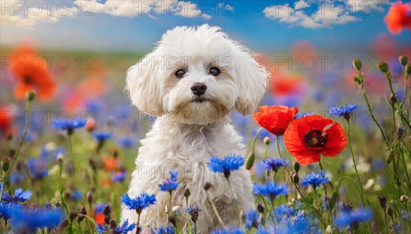 KI generated, animal, animals, mammal, mammals, Maltipoo (Canis lupus familiaris), dog, dogs, bitch, cross between poodle and Maltese, dwarf poodle, small poodle, flower meadow, puppy, cream, white