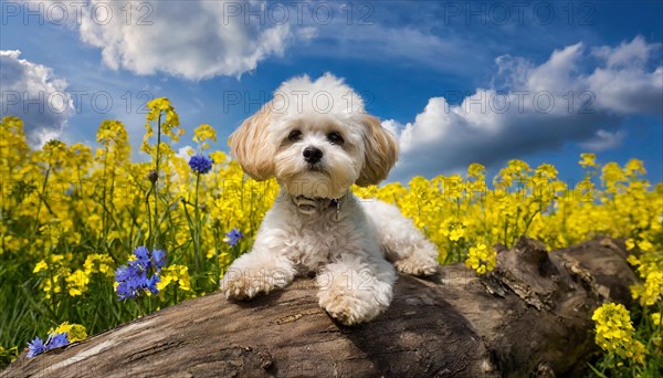 KI generated, animal, animals, mammal, mammals, Maltipoo (Canis lupus familiaris), dog, dogs, bitch, cross between poodle and Maltese, dwarf poodle, small poodle, flower meadow, tree trunk, small puppy lying on tree trunk in front of rape field