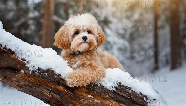 KI generated, animal, animals, mammal, mammals, Maltipoo (Canis lupus familiaris), dog, dogs, bitch, cross between poodle and Maltese, dwarf poodle, small poodle, flower meadow, tree trunk, autumn, onset of winter, puppy