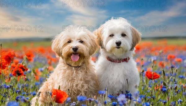 KI generated, animal, animals, mammal, mammals, Maltipoo (Canis lupus familiaris), dog, dogs, bitch, cross between poodle and Maltese, miniature poodle, small poodle, flower meadow, two, pair