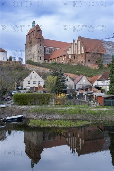 View over the Havel moat to Havelberg with St. Mary's Cathedral, Havelberg, Saxony-Anhalt, Germany, Europe