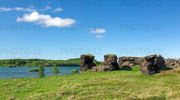 Hoefoi, Hoefdi, volcanic lava rock formations along lake Myvatn in summer, Norourland eystra, Nordurland eystra in the north of Iceland