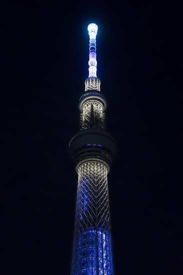 634 meters high Tokyo Skytree, broadcasting and observation tower in Sumida illuminated at night in the city Tokyo, Japan, Asia