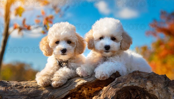 AI generated, animals, mammals, dog, domestic dogs (Canis lupus familiaris), two animals, white, apricot, cream, autumn