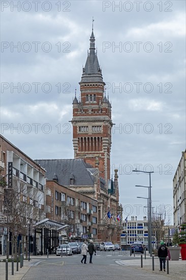 Houses, people, tower of the Hotel de Ville, town hall, Dunkirk, France, Europe