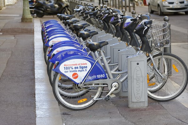 Row of rental bikes at a hire station in the city, Marseille, Departement Bouches-du-Rhone, Provence-Alpes-Cote d'Azur region, France, Europe