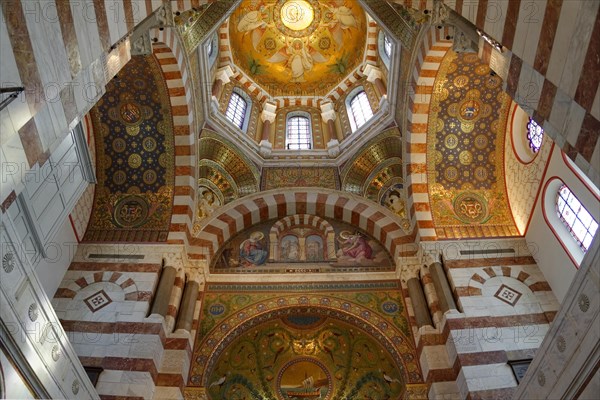 Interior view, Marseille Cathedral or Cathedrale Sainte-Marie-Majeure de Marseille, 1852-1896, Marseille, The splendid interior of a church with columns, arches and ornate decorations, Marseille, Departement Bouches-du-Rhone, Region Provence-Alpes-Cote d'Azur, France, Europe