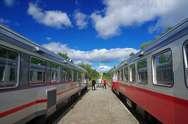 Two trains of the Swedish Inlandsbanan are facing each other, historical railway, inland railway, Vilhelmina Norra, Sweden, Europe