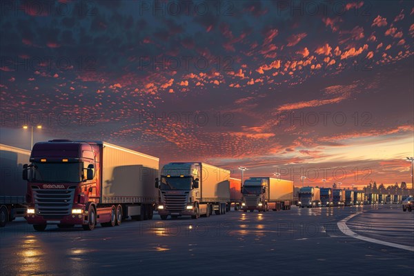 Many trucks in international long-distance traffic park at night, on weekends and over the holidays in a congested, overcrowded motorway service area, symbolic image for precarious parking situation, parking shortage for long-distance drivers, truck drivers, truckers on German motorways, AI generated, AI generated, AI generated