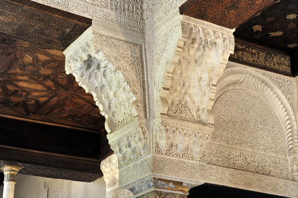 Artistic stone carvings, Alhambra, Granada, Elaborate carvings on a ceiling showing traditional craftsmanship, Granada, Andalusia, Spain, Europe