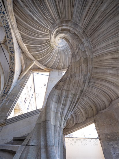 Unsupported spiral staircase in the Grosser Wendelstein stair tower, Hartenfels Castle, Torgau, Saxony, Germany, Europe