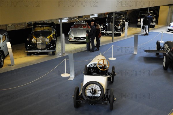 German Car Museum Langenburg, Interior view of a car museum with visitors and various vintage cars, German Car Museum Langenburg, Langenburg, Baden-Wuerttemberg, Germany, Europe