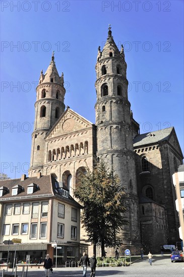 Speyer Cathedral, A large church with two towers under a blue sky, surrounded by trees and buildings, Speyer Cathedral, Unesco World Heritage Site, foundation stone laid around 1030, Speyer, Rhineland-Palatinate, Germany, Europe