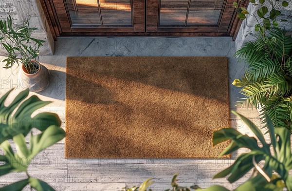 Blank welcome mat at custom front door of house. generative AI, AI generated