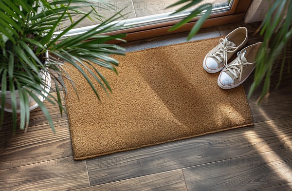 Blank welcome mat and pair of shoes at front door of house. generative AI, AI generated