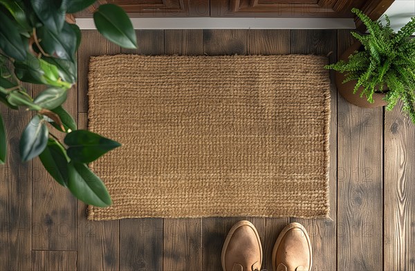 Blank welcome mat and pair of shoes at front door of house. generative AI, AI generated