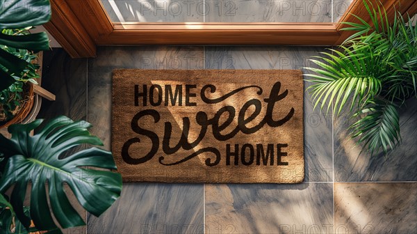 Home sweet home welcome mat at front door of house. generative AI, AI generated