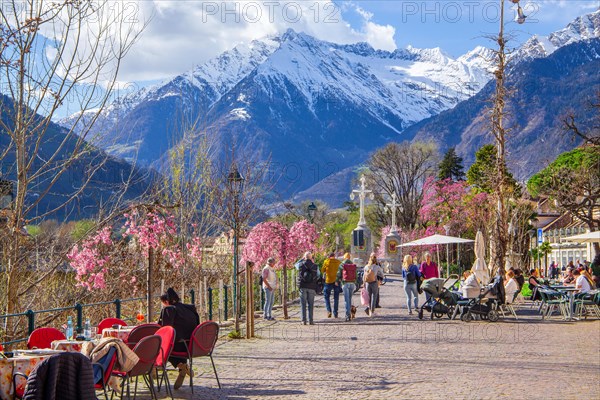 Winter promenade along the river Passer with street cafe in the background the Texel Group with the peak 3006m in spring, Merano, Pass Valley, Adige Valley, Burggrafenamt, Alps, South Tyrol, Trentino-South Tyrol, Italy, Europe