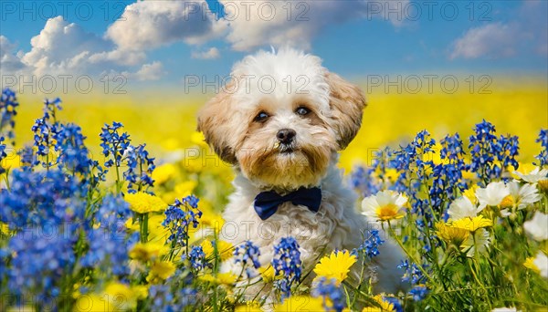 KI generated, animal, animals, mammal, mammals, Maltipoo (Canis lupus familiaris), dog, dogs, bitch, cross between poodle and Maltese, dwarf poodle, small poodle, flower meadow, puppy, cream, white